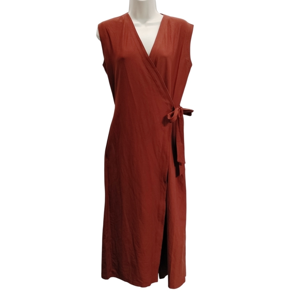 Eileen Fisher Petite Wrap Jumpsuit Crepe Wide Leg Deep Pekoe Rust Cropped PP - Picture 4 of 8